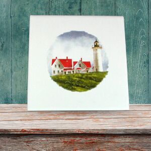 Ceramic Coaster Spoon Rest Tile Trivet With Lighthouse, Coastal Decor Nautical